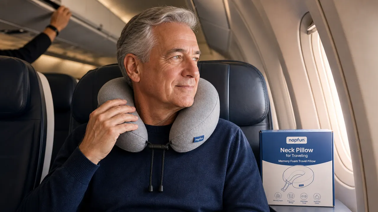 Hands holding the napfun memory foam neck pillow, showing the contoured shape and soft gray fabric