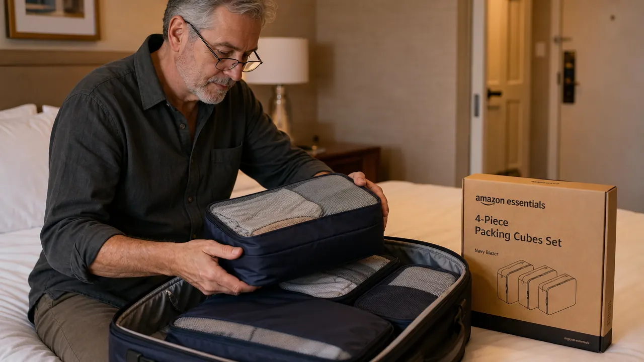 Traveler sliding a packing cube out of a carry-on bag at an airport gate