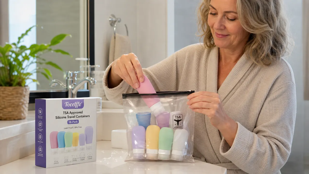 Hands filling a small silicone travel bottle with shampoo from a full-size bottle