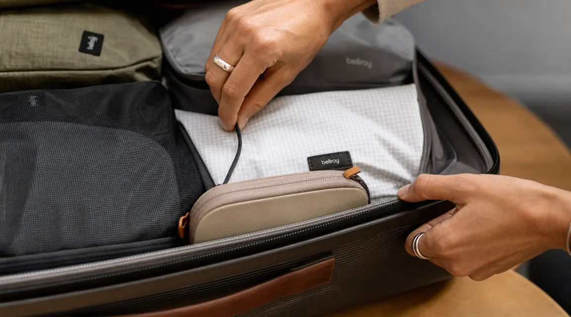 Traveler zipping up a carry-on bag with no checked baggage tag visible on the handle