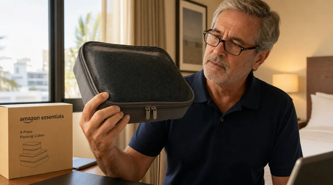 Amazon Essentials packing cube lying open with clothes visible through the mesh top panel, zipper pull showing slight fraying