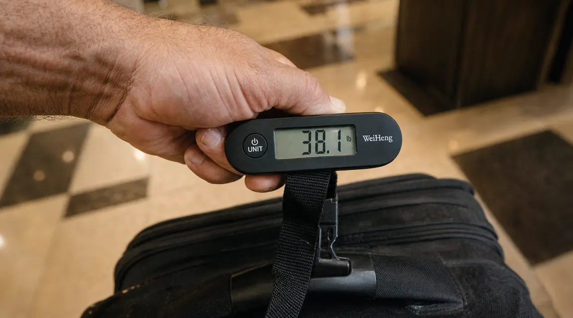 CR2032 coin cell battery next to the open Etekcity scale battery compartment on a hotel nightstand