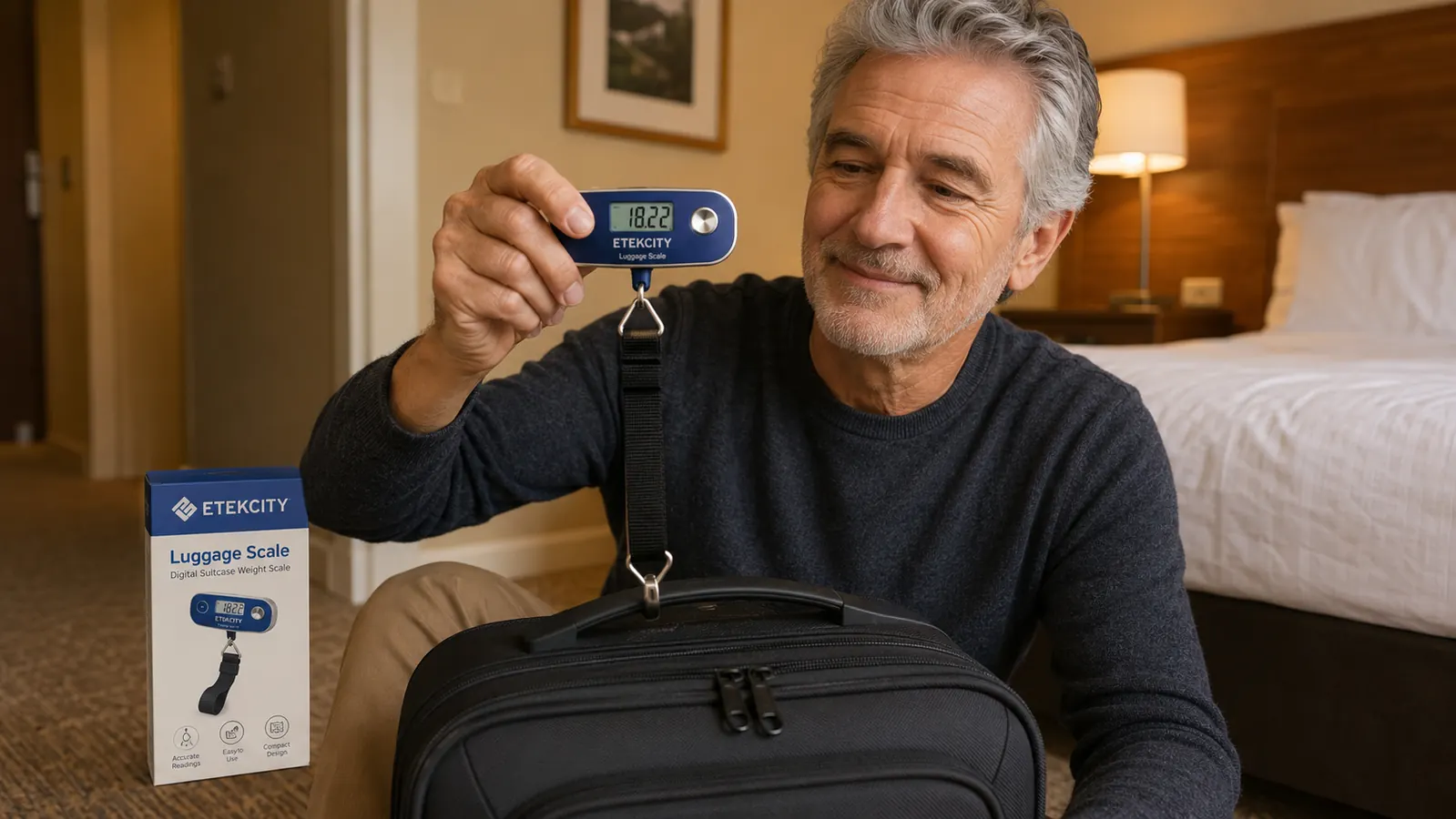 Hand gripping the Etekcity luggage scale strap while a loaded suitcase hangs from the hook