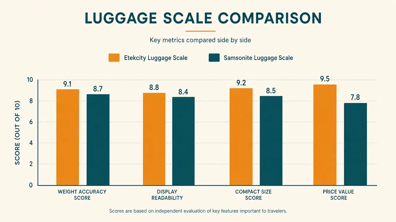 Close-up comparison chart showing Etekcity vs Samsonite specifications side by side