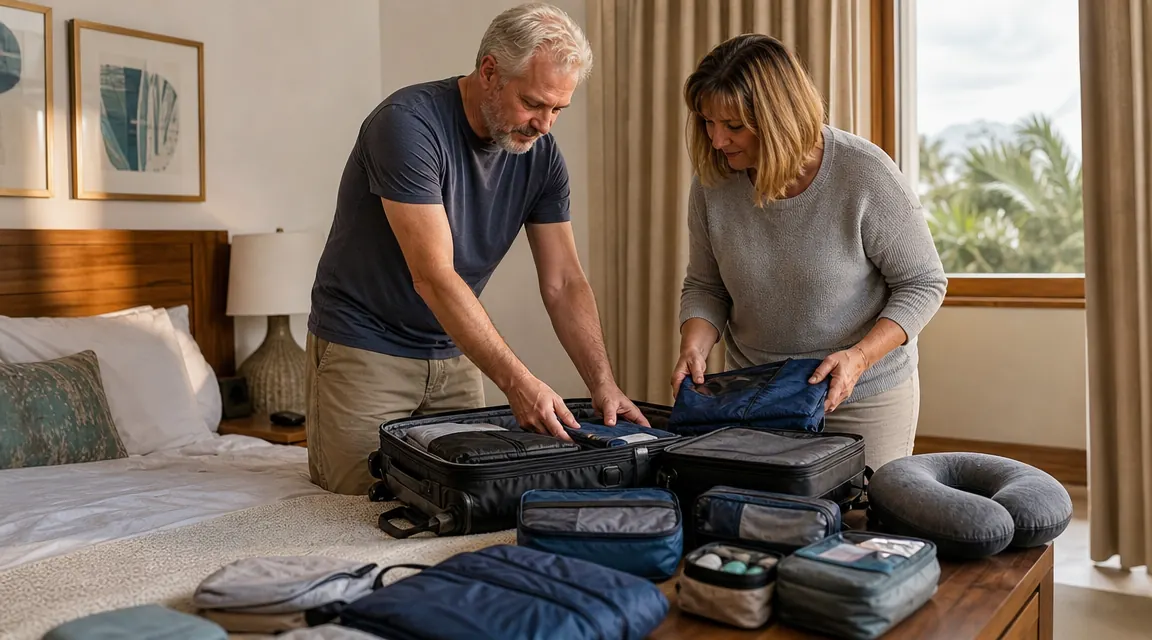 A neatly packed suitcase with travel organizers, a neck pillow, and charging gear laid out on a bed before a trip