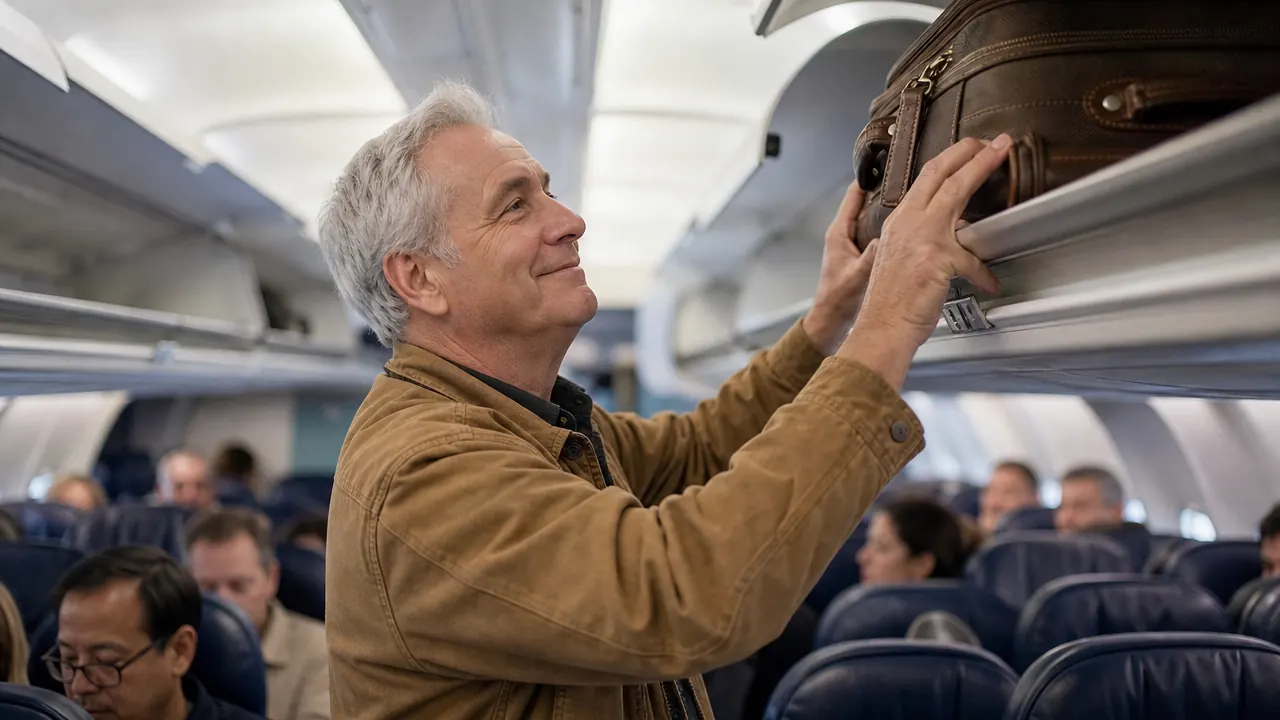 Traveler rolling a carry-on bag through an airport terminal