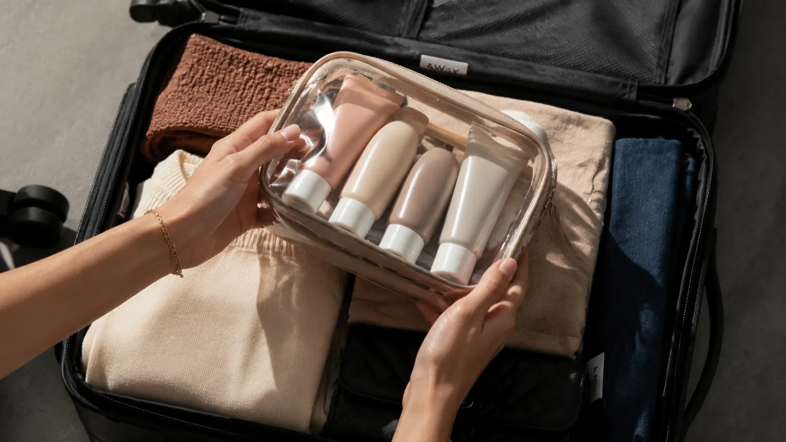 Row of labeled silicone travel bottles standing upright in a clear quart zip bag